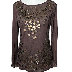 SHE: NWT Long Sleeve Brown Sheer Sequin Shirt -Size Large